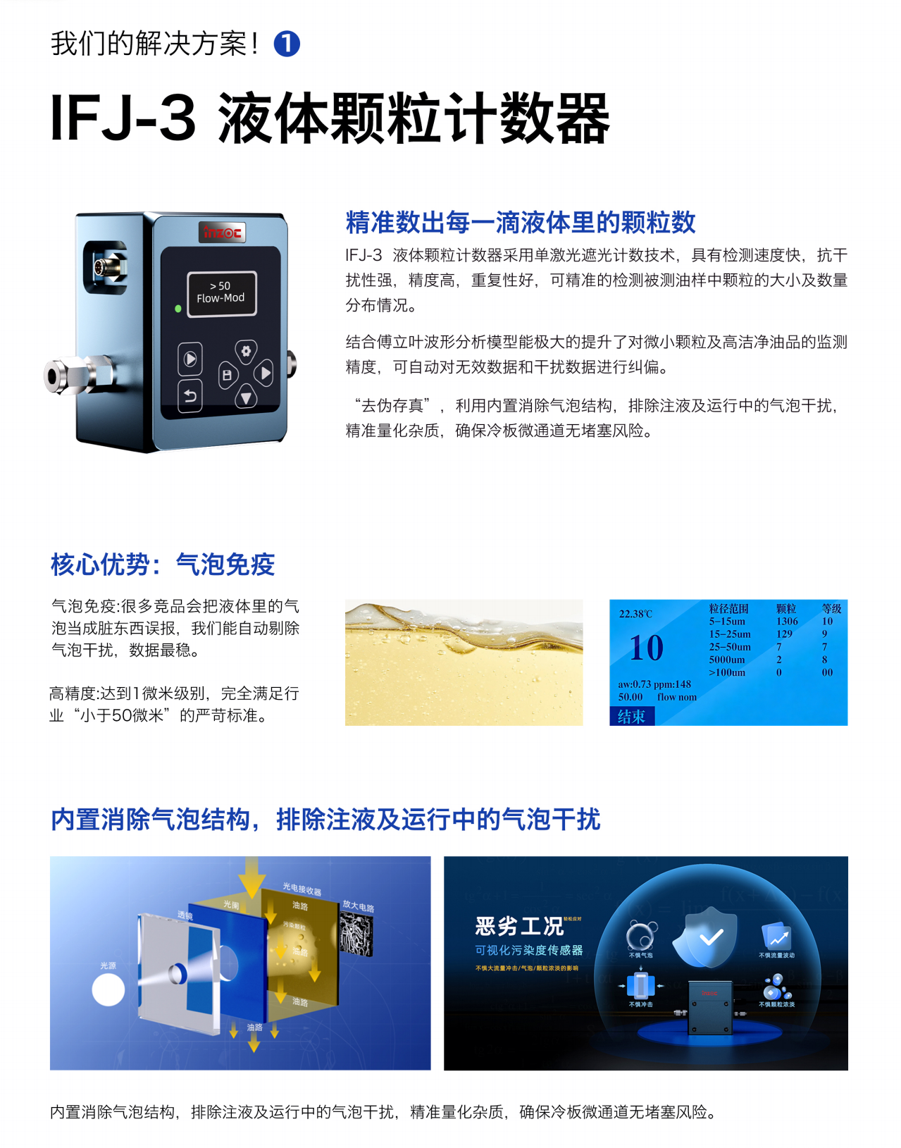 精準數出每一滴液體里的顆粒數
IFJ-3液體顆粒計數器采用單激光遮光計數技術，具有檢測速度快，抗干擾性強，精度高，重復性好，可精準的檢測被測油樣中顆粒的大小及數量分布情況。
結合傅立葉波形分析模型能極大的提升了對微小顆粒及高潔凈油品的監測精度，可自動對無效數據和干擾數據進行糾偏。
“去偽存真”，利用內置消除氣泡結構，排除注液及運行中的氣泡干擾，精準量化雜質，確保冷板微通道無堵塞風險。